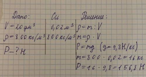 Банка объёмом 20 дм3 заполнена керосином. Определи вес керосина. (Принять, что ρ =800 кг/м³вес керос