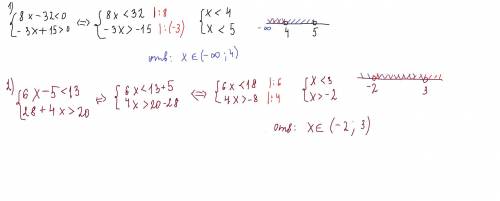 Розвяжіть систему нерівностей 1)8х-32<0 -3х+15>02) 6х-5<13 28+4х>20будь ласка до ть ів​