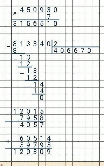 Реши примеры, записывая в столбик: 450930*7 813340 : 2 12015 – 7958 60514+59796 ​