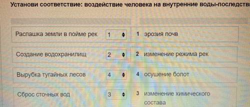 Установи соответствие: воздействие человека на внутренние воды - последствия Распашка земли В пойме