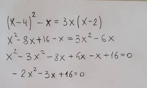 Преобразуйте уравнение 〖(x-4) 〗^2-x=3x(x-2) к виду ax^2+bx+c=0 укажите старший коэффициент, второй к