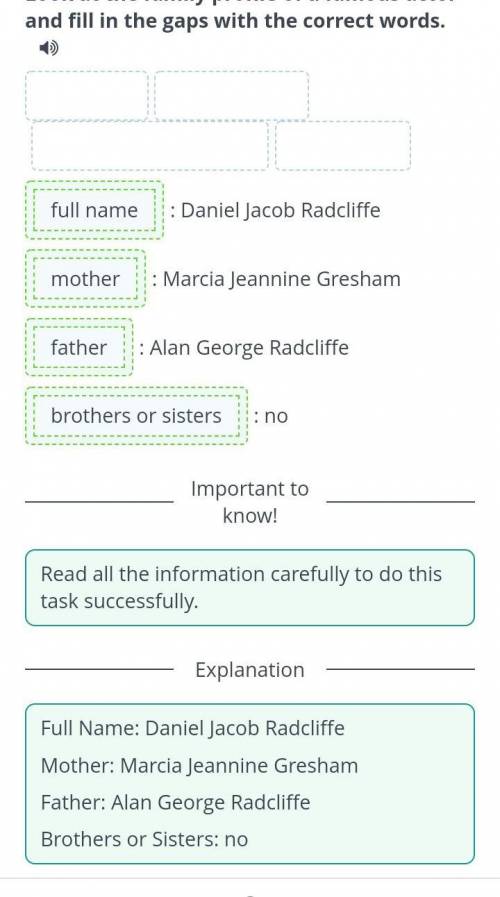 Look at the family profile of a famous actor and fill in the gaps with the correct words. : Daniel J