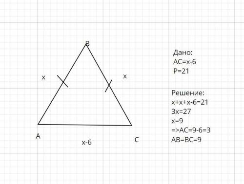 В равнобежренном треугольнике основание на 6 см меньше чем боковая сторона а перимитр=21см Найдите с