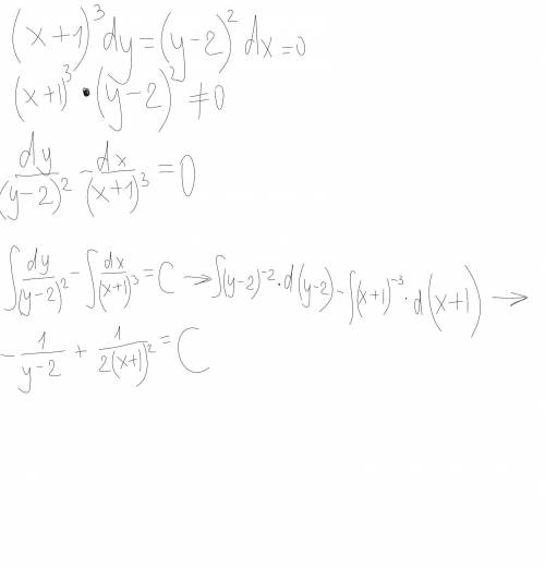 Решить дифференциальное уравнение (х+1)^3dy-(y-2)^2dx=0