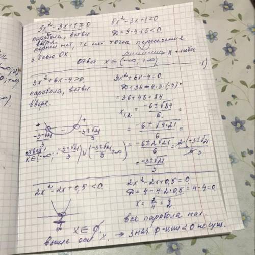 5x^2-3x+1>=0 3x^2+6x-4>0 2x^2-2x+0,5<0 решить с рисунками