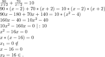 \frac{90}{x+2} +\frac{70}{x-2}=10\\90*(x-2)+70*(x+2)=10*(x-2)*(x+2)\\90x-180+70x+140=10*(x^2-4)\\160x-40=10x^2-40\\10x^2-160x=0\ |:10\\x^2-16x=0\\x*(x-16)=0\\x_1=0\notin\\x-16=0\\x_2=16\in.