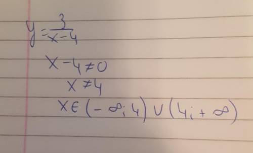 Найдите область определения функции y=3/x-4 ответы:(-4;4)x=4( - бесконечность; бесконечность) ( - бе