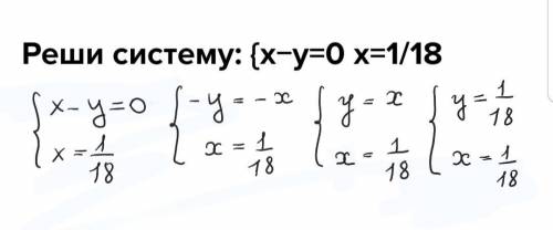 Реши систему: {x−y=0 x=1/18 ответ: (;).