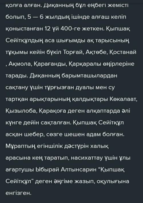 Қыпшақ Сейітқұлдың бойындағы адамгершілік қасиеттерді талдап, әдеби эссе жазу. Эссе құрылымын сақтау