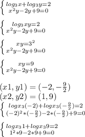 \left \{ {{log_{3}x+log_{3}y=2} \atop {x^{2} y-2y+9=0}} \right. \\\\\left \{ {{log_{3}xy=2 } \atop {x^{2} y-2y+9=0}} \right. \\\\\left \{ {{xy=3^{2} } \atop {x^{2} y-2y+9=0}} \right. \\\\\left \{{{xy=9 } \atop {x^{2} y-2y+9=0}} \right. \\\\(x1,y1)=(-2,-\frac{9}{2}) \\(x2,y2)=(1,9)\\\left \{ {{logx_{3} (-2)+{logx_{3}(-\frac{9}{2})=2 } \atop {(-2)^{2} *(-\frac{9}{2})-2* (-\frac{9}{2})+9=0}} \right. \\\\\left \{ {{{logx_{3}1+{logx_{3}9=2} \atop {1^{2}*9-2*9+9=0 }} \right. \\\\