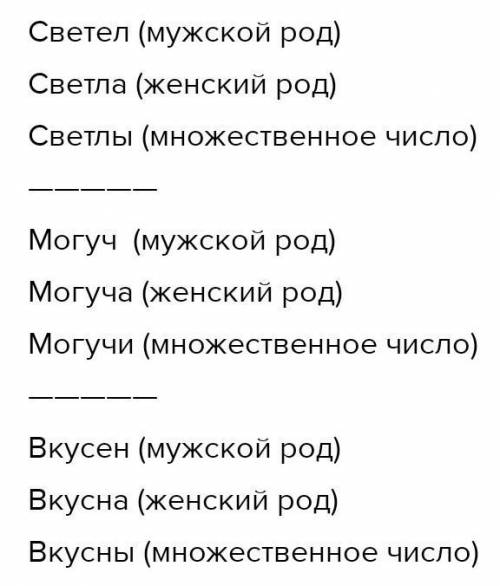 Задание 1: образовать краткую форму прилагательных. Изменить по родам и числам Светлый, могучий, вку