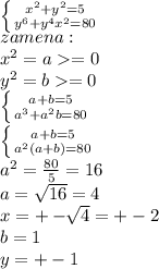 \left \{ {{x^2+y^2=5} \atop {y^6+y^4x^2=80}} \right. \\zamena:\\x^2 = a =0\\y^2 = b = 0\\\left \{ {a+b=5} \atop {a^3+a^2b=80}} \right. \\\left \{ {a+b=5} \atop {a^2(a+b)=80}} \right. \\a^2 = \frac{80}{5} = 16\\a = \sqrt{16} = 4\\x = +-\sqrt[]{4} = +-2\\b = 1\\y = +-1