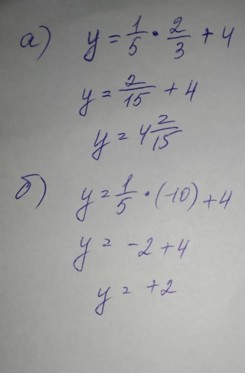 Найдите значение функции у=1/5х+4 если х=2/3;-10