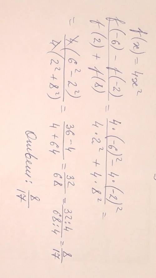 F(x)=4x в квадрате вычисли значение выпадения f(-6)-f(-2) дробь f(2)+f(8)