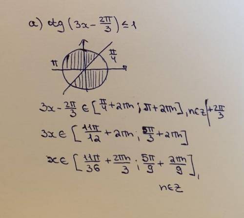 с тригоном. неравенствами: a)ctg(3x-2pi/3)≤1; b)sin(x/3-pi/4)≤корень из 3/2