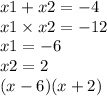 x1 + x2 = - 4 \\ x1 \times x2 = - 12 \\ x1 = - 6 \\ x2 = 2 \\ (x - 6)(x + 2)