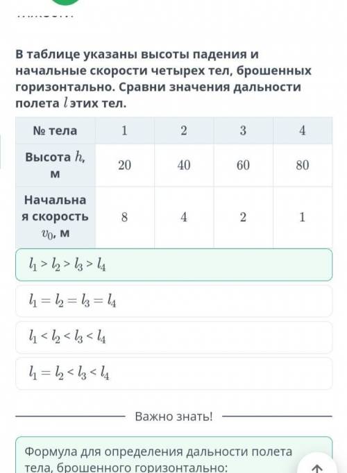 В таблице указаны высоты падения и начальные скорости четырех тел, брошенных горизонтально. Сравни з