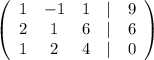 \left(\begin{array}{ccccc}1&-1&1&|&9\\2&1&6&|&6\\1&2&4&|&0\\\end{array}\right)\\