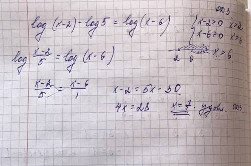 Log(x-2)-log5=log(x-6)Решите