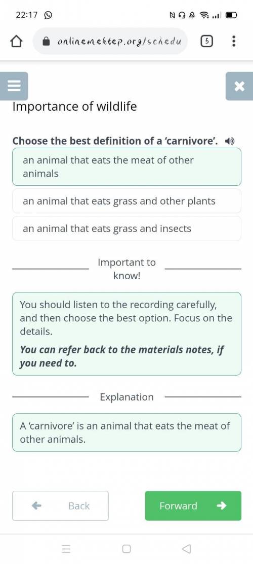 Choose the best definition of a 'carnivore'. an animal that eats grass and insectsan animal that eat