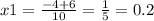 x1 = \frac{ - 4 + 6 }{10} = \frac{1}{5 } = 0.2