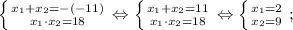 \left \{ {{x_{1}+x_{2}=-(-11)} \atop {x_{1} \cdot x_{2}=18}} \right. \Leftrightarrow \left \{ {{x_{1}+x_{2}=11} \atop {x_{1} \cdot x_{2}=18}} \right. \Leftrightarrow \left \{ {{x_{1}=2} \atop {x_{2}=9}} \right. ;