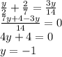 \frac{y}{2} + \frac{2}{7} = \frac{3y}{14} \\ \frac{7y + 4 - 3y}{14} = 0 \\ 4y + 4 = 0 \\ y = - 1