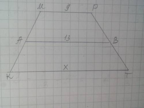 Довжина меншої основи трапеції та середньої лінії дорівнюють 9 і 13 см відповідно. Найти другу основ