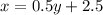 x = 0.5y + 2.5