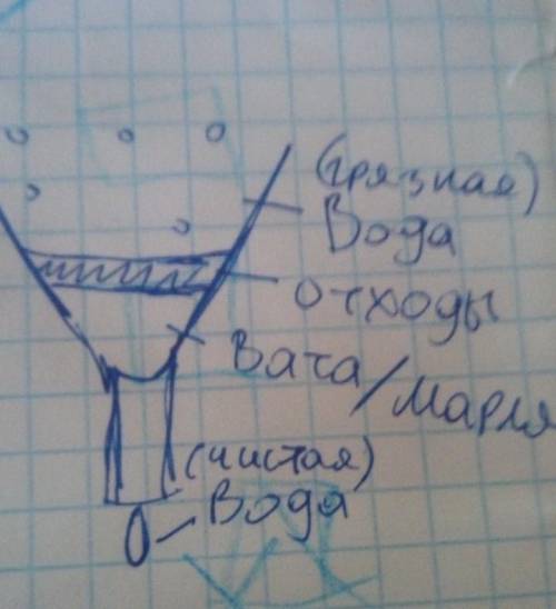 подпиши составные части фильтра, слова доя справок,дно бутылки,крупный песок,мелкий песок,ватный дис