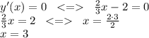 y'(x) = 0 \; \; \; \; \frac{2}{3} x-2=0\\ \frac{2}{3} x=2\; \; \; \; x=\frac{2\cdot{3}}{2}\\ x=3