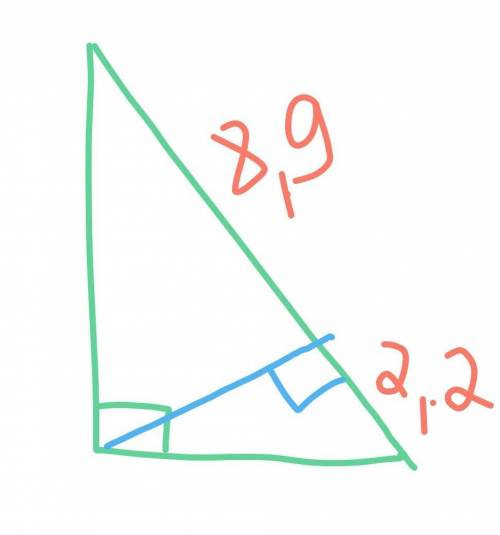 Знайдіть катети прямокутного трикутника якщо проекції катетів на гіпотенузу дорівнюють 2,2 см і 8,9