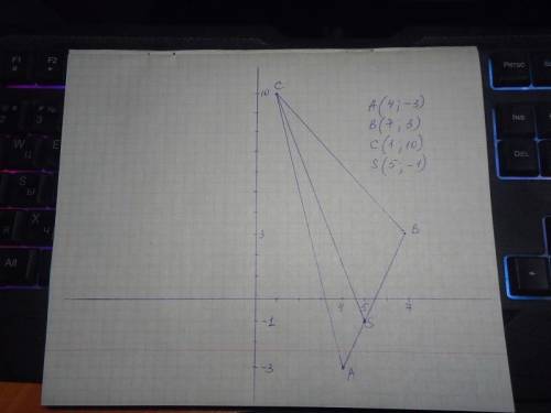 известны координаты вершин треугольника АВС. А(4;-3) В(7;3) С(1;10). Найти уравнение прямой СS, если