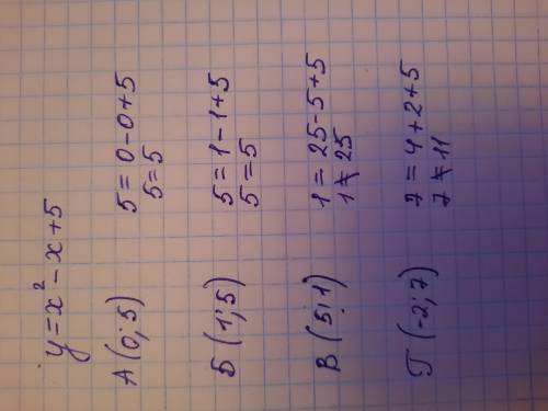 Через какую из данных точек проходит график функции y=x^2-x+5 А(0,5) Б(1,5) В(5,1) Г(-2,7)