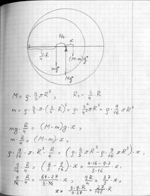 В железном шаре радиусом R находится сферическая полость радиусом 3/4R касающаяся поверхности шара.