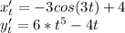 x_t' = -3cos(3t)+4\\y_t' = 6*t^5-4t