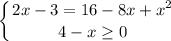 \displaystyle \left \{ {{2x-3=16-8x+x^{2} } \atop {4-x\geq 0}} \right.