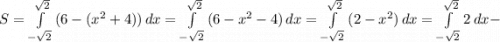 S=\int\limits^{\sqrt{2}}_{-\sqrt{2}} {(6-(x^{2}+4))} \, dx = \int\limits^{\sqrt{2}}_{-\sqrt{2}} {(6-x^{2}-4)} \, dx = \int\limits^{\sqrt{2}}_{-\sqrt{2}} {(2-x^{2})} \, dx = \int\limits^{\sqrt{2}}_{-\sqrt{2}} {2} \, dx -