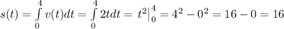 s(t)=\int\limits^4_0v(t)dt=\int\limits^4_02tdt=\left t^2\right|^4_0=4^2-0^2=16-0=16