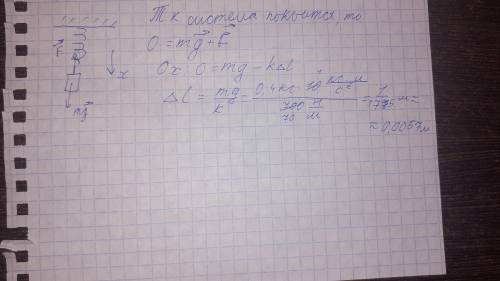 3. На сколько растянется пружина с жесткостью 700Н/м, если к ней подвесить тело массой 400 г?