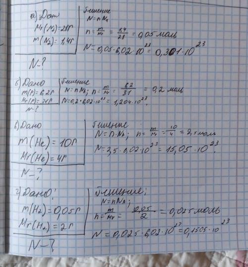 Определите число атомов: a) в 1,4 граммах азота N; б) в 6,2 г фосфора P; в) в 10 г гелия He; г) в 0,