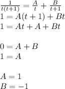 \frac{1}{ t (t + 1)} = \frac{A}{t} + \frac{B}{t + 1} \\ 1 = A(t + 1) +B t\\ 1 = A t + A + Bt \\ \\ 0=A+B \\ 1 = A \\ \\ A=1\\B=-1