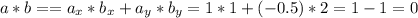 a*b = = a_x*b_x + a_y *b_y = 1*1 + (-0.5)*2 = 1 - 1 = 0