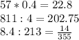 57*0.4=22.8\\811:4=202.75\\8.4:213=\frac{14}{355}