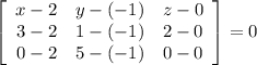 \left[\begin{array}{ccc}x-2&y-(-1)&z-0\\3-2&1-(-1)&2-0\\0-2&5-(-1)&0-0\end{array}\right] =0