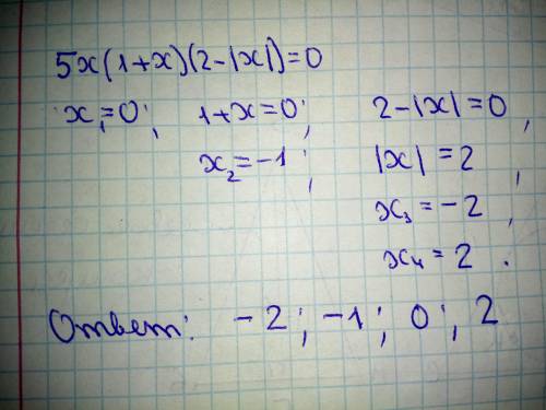 Знайдіть корені рівняння 5x(1+x)(2-|x|)=0​