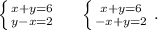 \left \{ {{x+y=6} \atop {y-x=2}} \right. \ \ \ \ \left \{ {{x+y=6} \atop {-x+y=2}} \right..