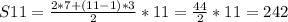 S11=\frac{2*7+(11-1)*3}{2} *11=\frac{44}{2} *11=242