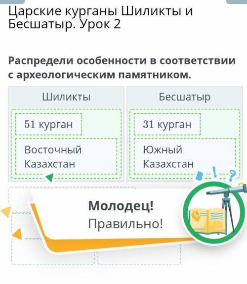 Царские курганы Шиликты и Бесшатыр. Урок 2 Распредели особенности в соответствии с археологическим п