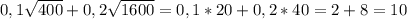 0,1\sqrt{400} +0,2\sqrt{1600}= 0,1*20+0,2*40=2+8=10